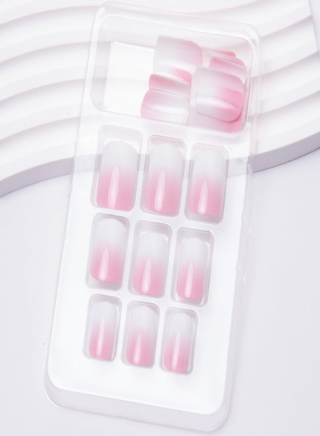 TOGZOM 24Pcs Ombre Press on Nails Medium Square Acrylic Fake Nails Pink White Gradation Fake Nails Glossy False Nails Ombre Stick on Nails Full Cover Glue on Nails for Women Girls Nails Decoration - Image 3
